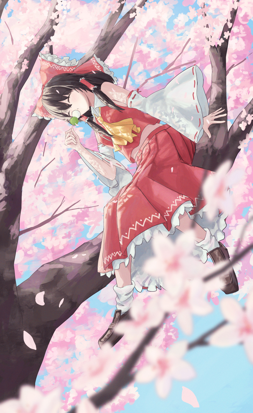 1girl absurdres ascot bow brown_hair cherry_blossoms closed_eyes commentary dango day detached_sleeves eating english_commentary falling_petals flower food frilled_bow frilled_hair_tubes frills hair_bow hair_tubes hakurei_reimu highres holding holding_skewer in_tree light_blush long_hair muginosa outdoors petals pink_flower pink_petals red_bow red_skirt ribbon-trimmed_sleeves ribbon_trim shoes sitting sitting_in_tree skewer skirt skirt_set socks solo touhou tree wagashi white_socks yellow_ascot