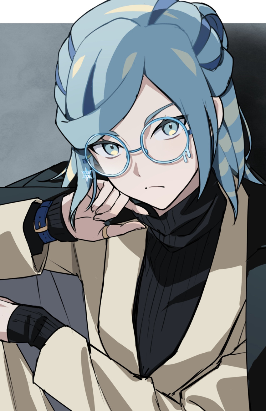 1boy absurdres black_sweater blue_eyes blue_hair closed_mouth expressionless glasses grusha_(pokemon) hair_bun hand_on_own_chin hand_on_own_knee head_tilt highres knee_up long_sleeves looking_at_viewer looking_up male_focus medium_hair multicolored_hair pokemon pokemon_sv round_eyewear sidelocks single_hair_bun sitting solo streaked_hair suit sweater swept_bangs turtleneck turtleneck_sweater tuze111 upper_body watch watch