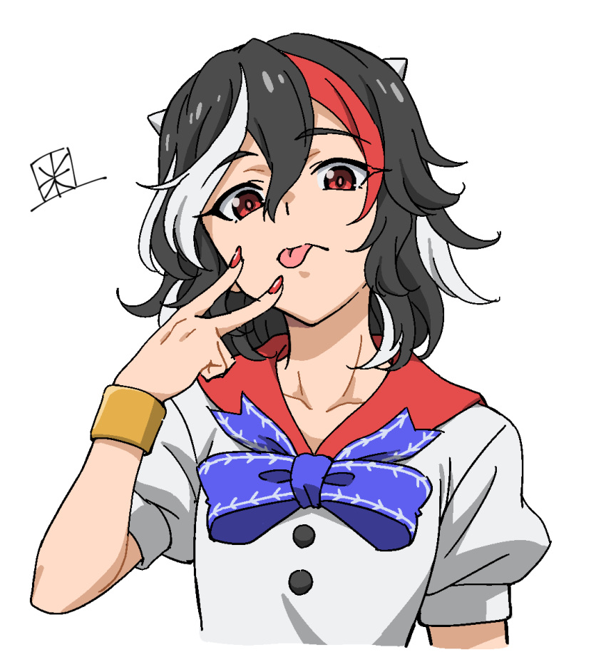 1girl black_hair blue_bow blue_bowtie bow bowtie buttons closed_mouth cone_horns fingernails highres horns kijin_seija maita multicolored_hair nail_polish puffy_short_sleeves puffy_sleeves red_eyes red_nails red_sailor_collar redhead sailor_collar shirt short_hair short_sleeves simple_background small_horns solo streaked_hair tongue tongue_out touhou white_background white_hair white_horns white_shirt