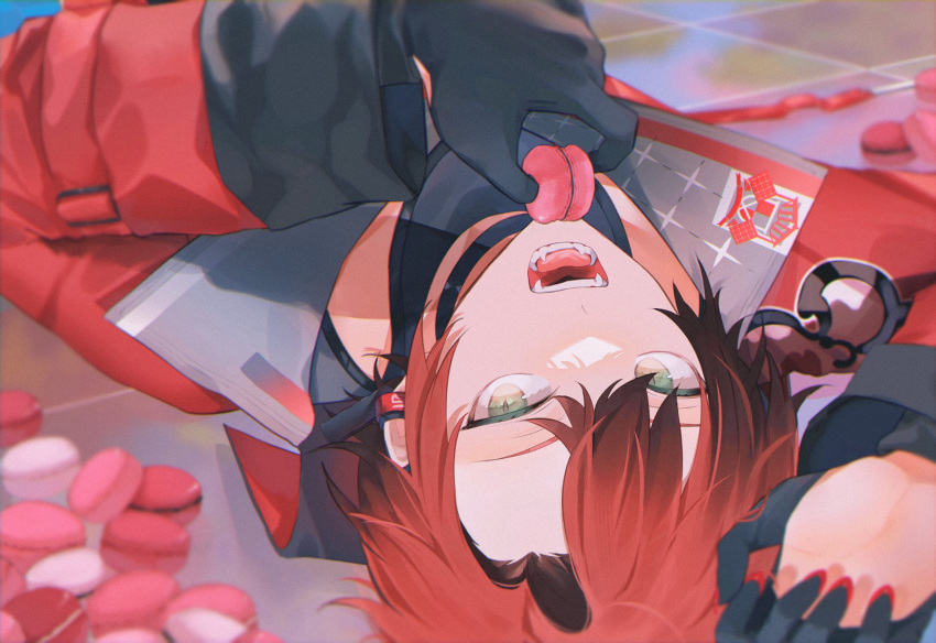 1boy bishounen black_gloves eating fangs food from_above gloves hand_up highres holostars holostars_english jacket looking_at_viewer lying macaron machina_x_flayon male_focus on_back open_mouth redhead short_hair solo xmayo0x