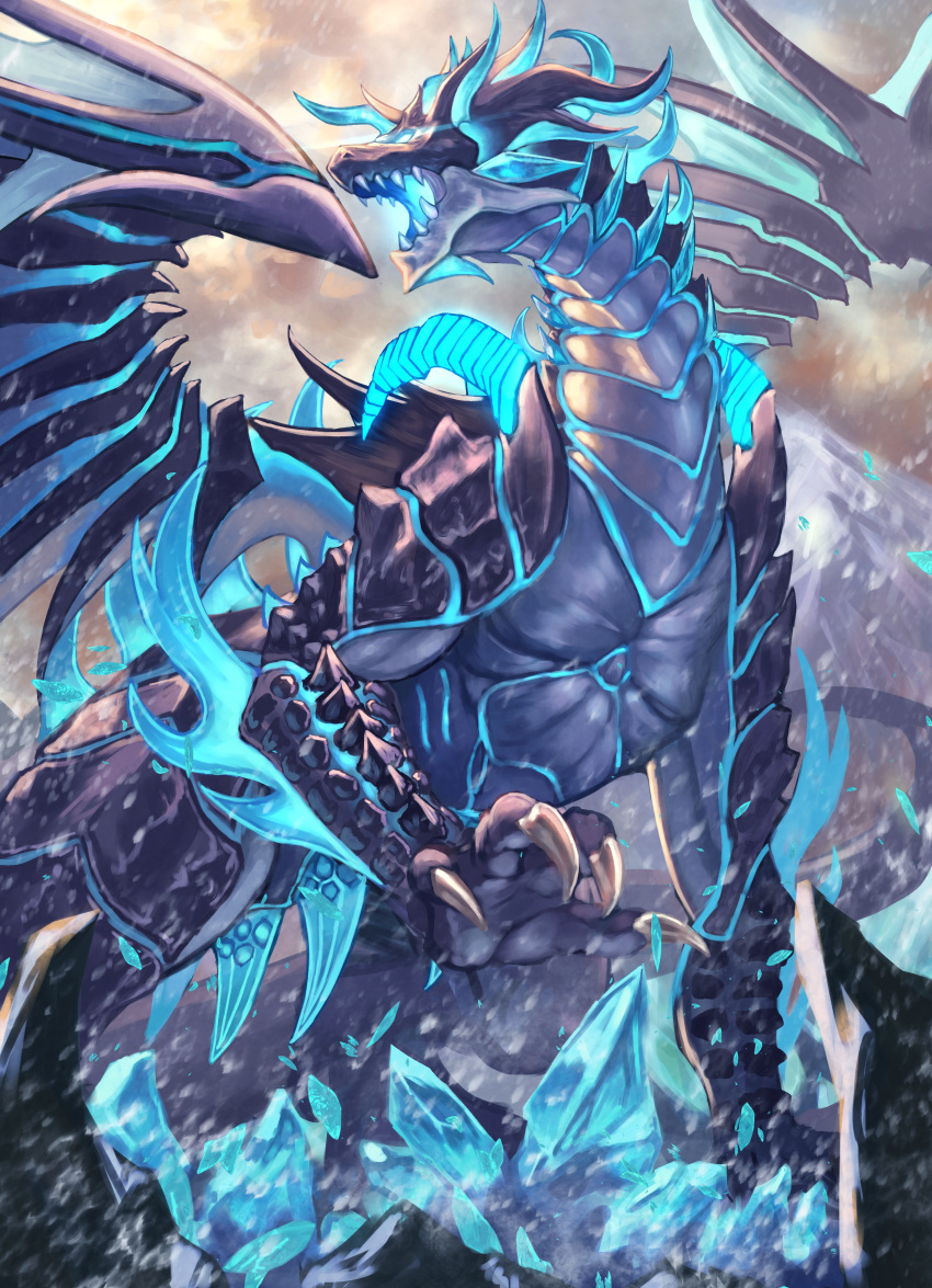 absurdres animal_focus blue_eyes claws clouds cloudy_sky crystal dragon from_below glowing_mouth gore_(white_gore) highres horns monster no_humans open_mouth original outdoors scales sharp_teeth sky solo tail teeth wings