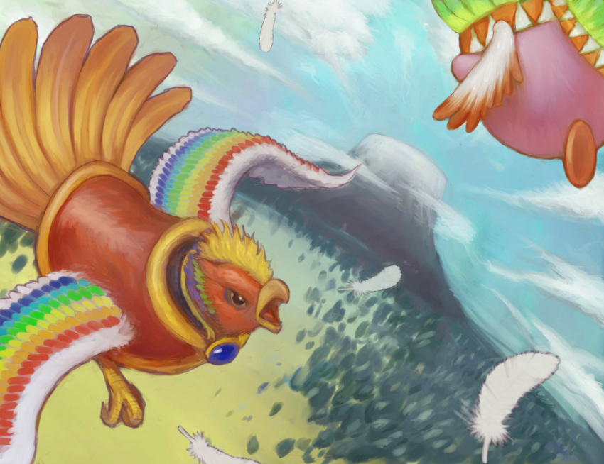 animal bird black_eyes blue_sky clouds dyna_blade feathers flying full_body headdress hisakichi kirby kirby_(series) kirby_super_star mountain native_american_headdress no_humans open_mouth outdoors sky white_feathers
