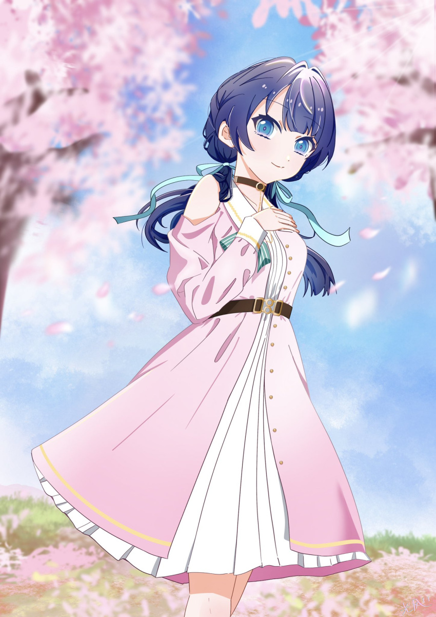 1girl belt blue_eyes blue_hair blue_ribbon blue_sky blurry blurry_background brown_belt brown_choker cherry_blossoms choker closed_mouth clothing_cutout collared_dress dark_blue_hair dress dress_ribbon falling_petals feet_out_of_frame gradient_dress hair_ribbon hand_on_own_chest highres hikari_wind0919 link!_like!_love_live! long_hair long_sleeves looking_at_viewer love_live! low_twintails murano_sayaka open_clothes open_dress petals pink_dress pink_petals pleated_dress ribbon shoulder_cutout sky smile solo split_mouth twintails virtual_youtuber white_dress