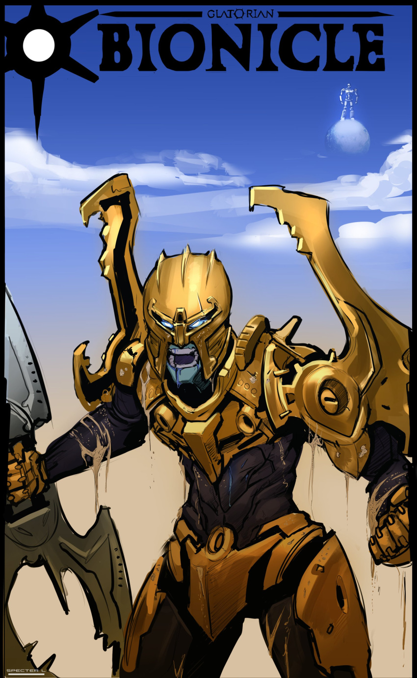 1boy absurdres bionicle blue_eyes blue_skin clenched_hand clouds colored_skin cowboy_shot english_commentary glowing glowing_eyes great_spirit_robot highres holding holding_weapon humanization kanohi_(bionicle) looking_at_viewer male_focus mask mata_nui_(toa)_(bionicle) mecha moon one-punch_man open_mouth robot sky specter_l the_lego_group weapon