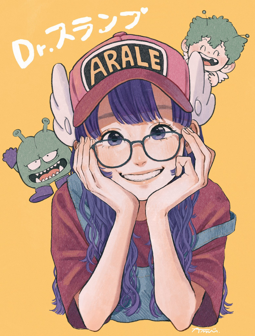 1girl 1other :d alien amii_0219 blue_overalls blunt_bangs commentary copyright_name dr._slump fangs glasses gloves green_hair hand_on_own_chin hat highres king_nikochan long_hair norimaki_arale norimaki_gajira overalls purple_gloves purple_hair red_shirt shirt simple_background smile upper_body violet_eyes white_wings winged_hat wings yellow_background