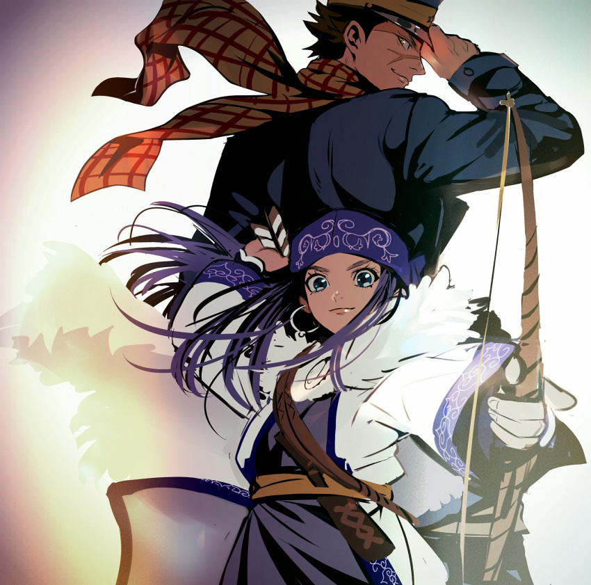 1boy 1girl ainu ainu_clothes arrow_(projectile) asirpa belt bow_(weapon) cloak commentary_request earrings floating_clothes floating_hair fur_cloak golden_kamuy hat headband highres holding holding_arrow holding_bow_(weapon) holding_weapon hoop_earrings jewelry long_hair long_sleeves looking_at_viewer looking_back military_hat military_uniform no2_gk profile purple_headband scar scar_on_face scarf short_hair sidelocks smile spiky_hair sugimoto_saichi uniform upper_body weapon