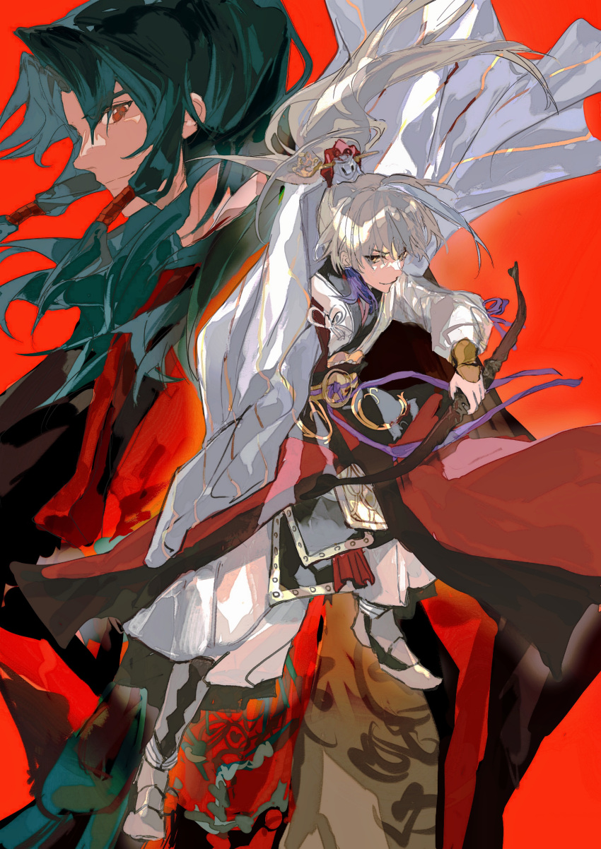 2boys absurdres archer_(fate/samurai_remnant) arm_guards armored_boots black_hanfu boots bow_(weapon) chinese_clothes chinese_hairpin fate/samurai_remnant fate_(series) green_hair grey_hair hair_ornament hanfu high_ponytail highres holding holding_bow_(weapon) holding_weapon long_hair long_sidelocks low-tied_sidelocks male_focus metronome_(artist) multiple_boys ponytail red_background red_eyes red_hanfu red_robe robe sidelocks simple_background smile tassel tassel_hair_ornament weapon white_hanfu xiao_guan_(headdress) yellow_eyes zheng_chenggong_(fate)