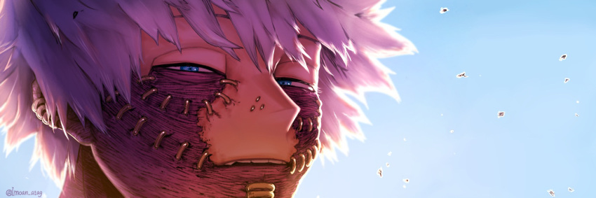 1boy backlighting blue_eyes boku_no_hero_academia close-up dabi_(boku_no_hero_academia) earrings imoan_atag jewelry looking_at_viewer male_focus nose_piercing parted_lips piercing short_hair solo stitches twitter_username white_hair