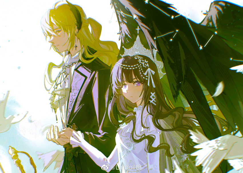 1boy 1girl ahoge alkaid_mcgrath ascot bird black_feathers black_hair black_jacket black_vest black_wings blonde_hair blunt_bangs capelet closed_mouth constellation dove dress earrings expressionless falling_feathers feather_hair_ornament feathered_wings feathers frilled_sleeves frills green_eyes hair_between_eyes hair_ornament hair_ribbon half_updo heroine_(lovebrush_chronicles) highres holding_hands jacket jewelry lapels light_particles lindoll long_hair long_sleeves looking_at_viewer looking_to_the_side lovebrush_chronicles notched_lapels ponytail profile ribbon see-through see-through_capelet sheath sheathed shirt sideways_glance star_(symbol) star_earrings sword upper_body very_long_hair vest violet_eyes wavy_hair weapon weibo_logo weibo_watermark white_ascot white_background white_dress white_feathers white_ribbon white_shirt winged_sword wings