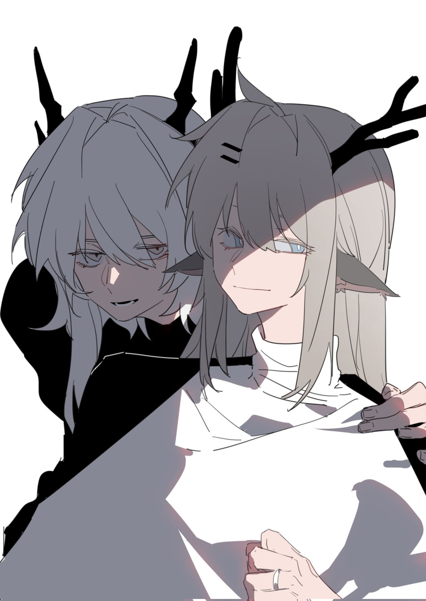 2girls alina_(arknights) animal_ears antlers arknights black_shirt blue_eyes bright_pupils closed_mouth commentary deer_antlers deer_ears dress grey_eyes grey_hair hand_on_another's_shoulder highres horns jewelry long_hair looking_at_viewer molu_stranger multiple_girls parted_lips ring shade shirt simple_background talulah_(arknights) upper_body white_background white_dress white_hair white_pupils