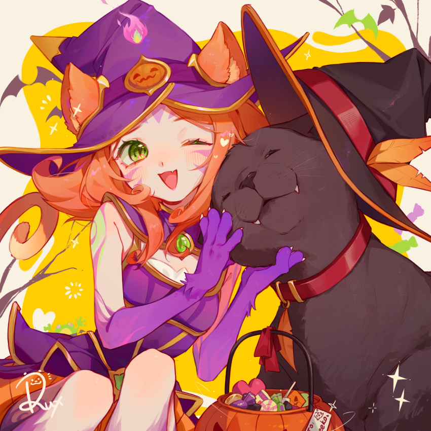 2girls :d ^_^ absurdres alternate_form animal_ears animal_hands bewitching_neeko bewitching_nidalee blush cat_ears cat_tail closed_eyes cougar_(animal) facial_mark fang fangs green_eyes halloween hat highres league_of_legends looking_at_another medium_hair multiple_girls neeko_(league_of_legends) nidalee one_eye_closed orange_hair petting ruan_chen_yue signature smile tail upper_body whisker_markings witch_hat