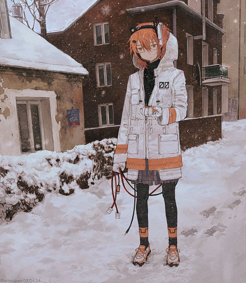 1girl adachi_rei alicejoza artist_name black_thighhighs coat dated expressionless gloves grey_skirt highres holding hood hood_up orange_eyes orange_hair plaid plaid_skirt shoes skirt sneakers snow snowing solo thigh-highs white_coat white_gloves wire