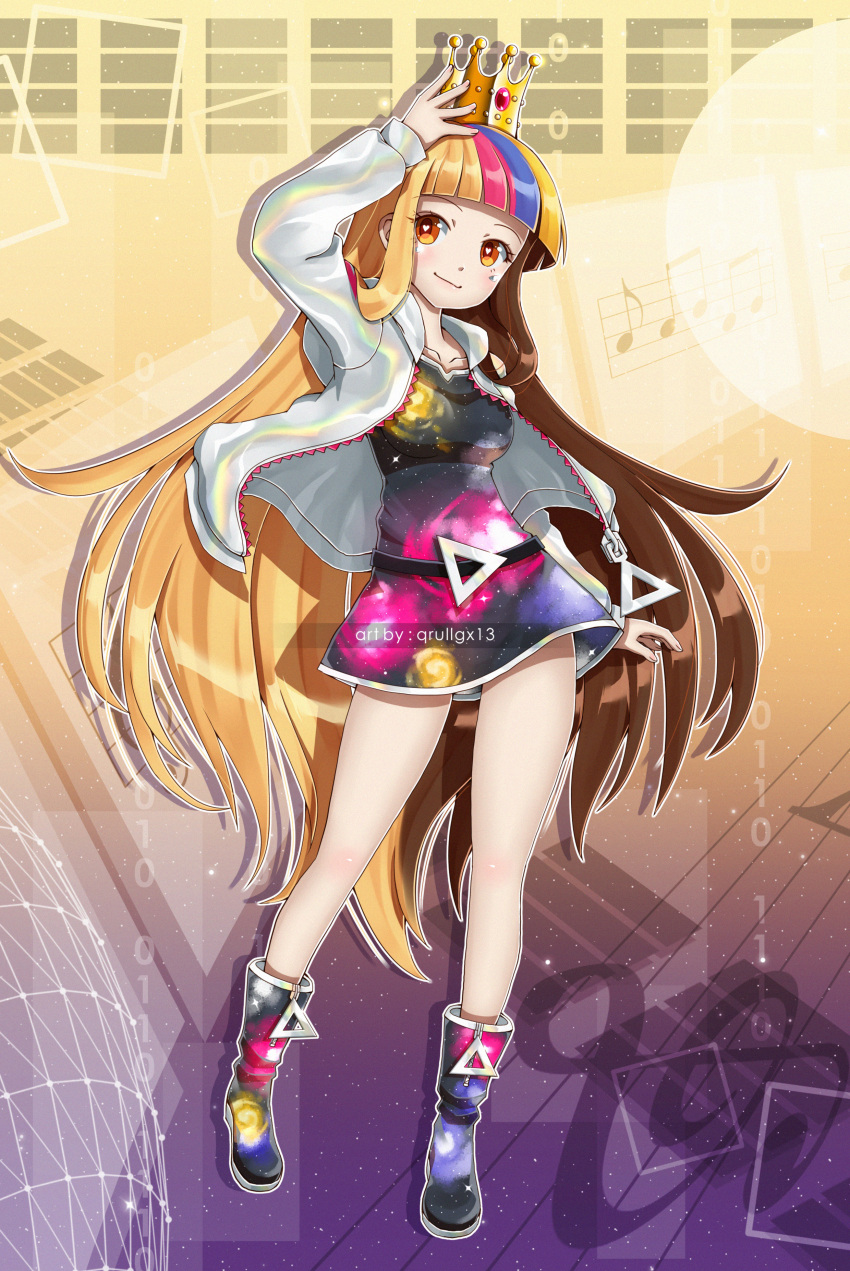 1girl absurdres adjusting_clothes adjusting_headwear artist_name belt blonde_hair blue_hair blunt_bangs boots brown_hair closed_mouth collarbone crown dress galaco galaco_(prize) gold_crown gradient_background heart heart-shaped_pupils highres jacket long_hair looking_to_the_side open_clothes open_jacket orange_eyes outline pink_hair print_dress print_footwear purple_background sidelocks smile solo starry_background symbol-shaped_pupils user_ffkv5752 very_long_hair vocaloid watermark white_jacket white_outline yellow_background
