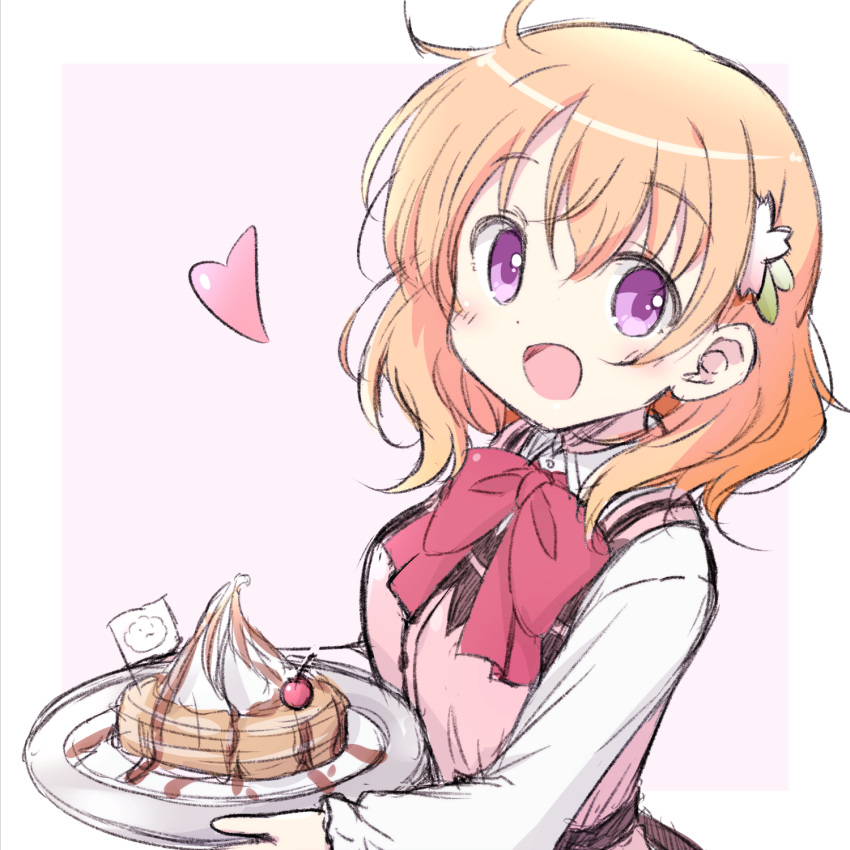 1girl :d blonde_hair bow bowtie collared_shirt gochuumon_wa_usagi_desu_ka? hair_between_eyes hair_ornament heart highres holding holding_plate hoto_cocoa long_hair long_sleeves looking_at_viewer na!_(na'mr) open_mouth pink_vest plate rabbit_house_uniform red_bow red_bowtie shirt sketch smile solo upper_body vest violet_eyes white_shirt wing_collar