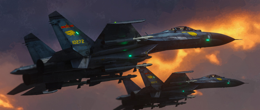 absurdres air-to-air_missile aircraft airplane antares_cao fighter_jet glowing highres j-11 jet military military_vehicle no_humans original people's_liberation_army people's_liberation_army_air_force r-27_vympel red_star star_(symbol) vehicle_focus