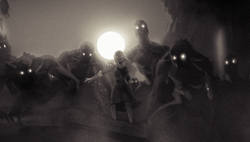 1girl 6+others apocalypse arm_up building character_request collapsed collar collarbone collared_dress creature dress film_grain from_below full_moon glowing glowing_eyes gogalking grey_dress grey_sky greyscale hand_on_ground highres horror_(theme) leaning_forward long_hair looking_at_viewer looking_down monochrome monster moon moonlight multiple_others night night_sky open_mouth original outdoors ribs ruins shaded_face sidelocks skinny sky solo_focus spine spine_bumps standing stop_(gesture) surrounded swept_bangs teeth upper_teeth_only white_hair wide_shot wind wreckage