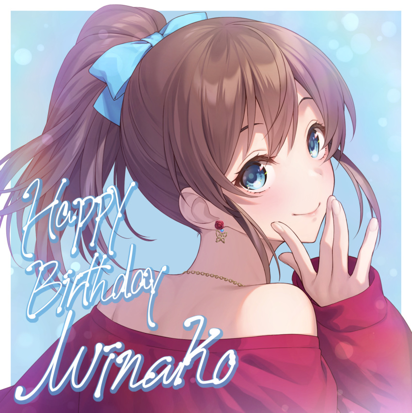 1girl bare_shoulders blue_background blue_bow blue_eyes bow brown_hair butterfly_earrings chain_necklace character_name closed_mouth commentary_request earrings fingernails flower_earrings from_behind gradient_background hair_bow hand_to_own_mouth hand_up happy_birthday high_ponytail highres idolmaster idolmaster_million_live! jewelry light_blush long_sleeves looking_at_viewer looking_back medium_hair nanaran necklace off-shoulder_shirt off_shoulder ponytail portrait red_shirt satake_minako shirt sidelocks sleeves_past_wrists smile solo