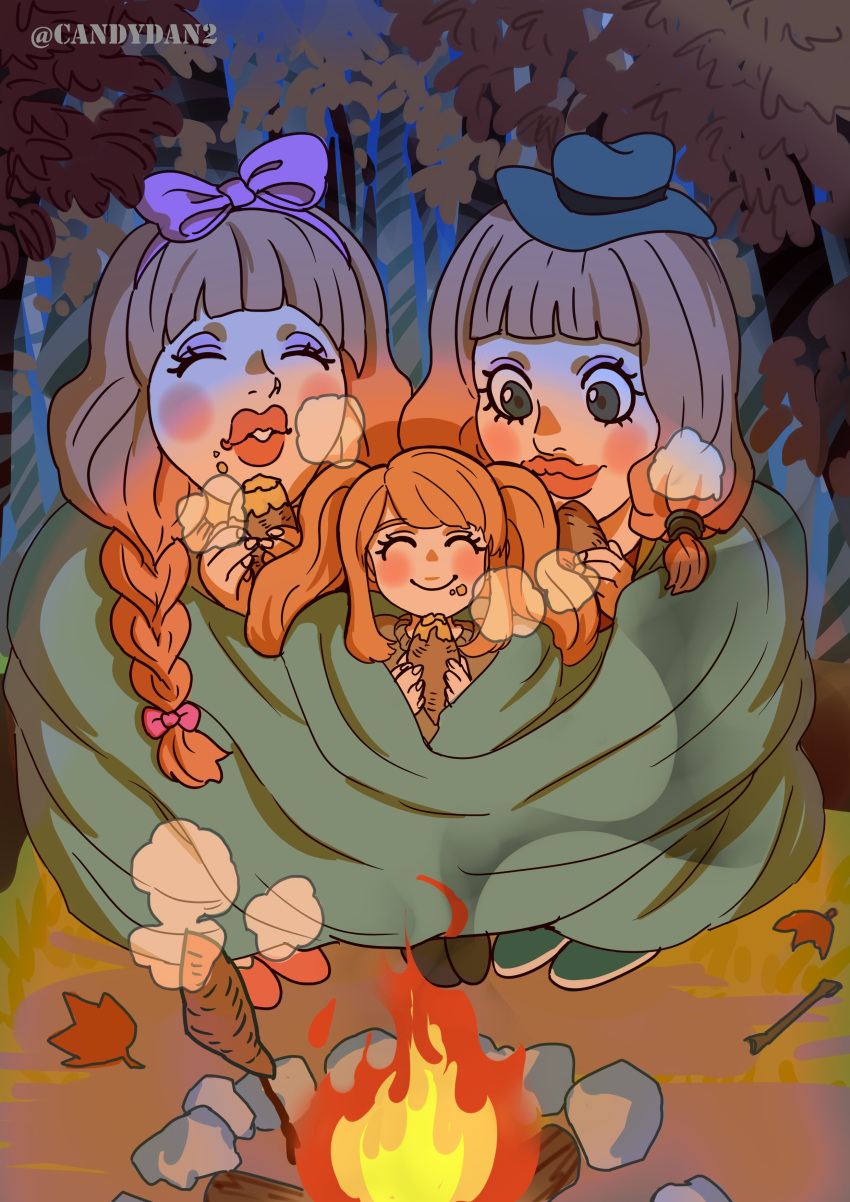 3girls absurdres autumn_leaves blush bonfire braid brown_hair camping charlotte_chiffon charlotte_lola charlotte_pudding closed_eyes eating english_commentary family fire food food_on_face forest hair_ornament hair_ribbon hat highres holding holding_food lips long_hair looking_at_another multiple_girls nature one_piece outdoors pink_hair pink_lips ribbon rita_ya roasted_sweet_potato shared_blanket shoes siblings sisters sitting smile sweater sweet_potato tree twin_braids twins twintails twitter_username