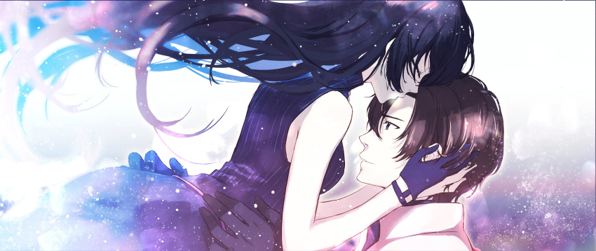 1boy 1girl absurdres black_gloves black_hair bloom breasts brown_hair closed_eyes dress from_side gloves hair_between_eyes hand_on_another's_waist highres kiss kissing_forehead kuon_yuu long_hair looking_at_another medium_breasts oscar_(unnamed_memory) purple_dress purple_gloves short_hair sleeveless sleeveless_dress tinasha_(unnamed_memory) unnamed_memory upper_body very_long_hair