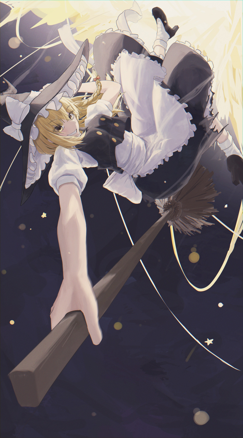1girl absurdres apron black_vest blonde_hair bow braid broom broom_riding commentary grin hair_bow hat hat_bow highres kirisame_marisa long_hair muginosa puffy_short_sleeves puffy_sleeves red_bow short_sleeves side_braid single_braid smile socks solo touhou vest waist_apron white_apron white_bow white_socks witch_hat yellow_eyes