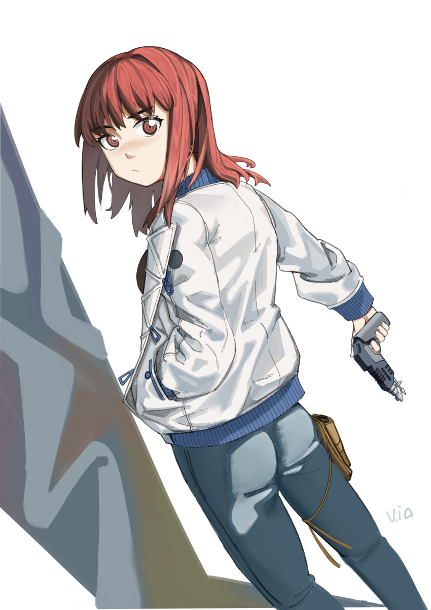 1girl :/ absurdres artist_name ass breasts closed_mouth grey_pants hand_in_pocket highres holding holding_weapon jacket kiruko_(tengoku_daimakyou) long_hair long_sleeves looking_at_viewer looking_back pants red_eyes redhead signature simple_background small_breasts solo standing tengoku_daimakyou v.ia weapon white_background white_jacket