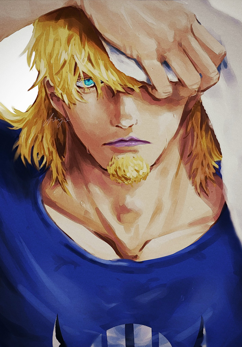 1boy blonde_hair blue_eyes blue_shirt chiyo_(@ch_falgar) closed_mouth facial_hair goatee hair_between_eyes highres holding killer_(one_piece) long_hair looking_at_viewer male_focus one_eye_covered one_piece purple_lips shirt signature simple_background solo water white_background