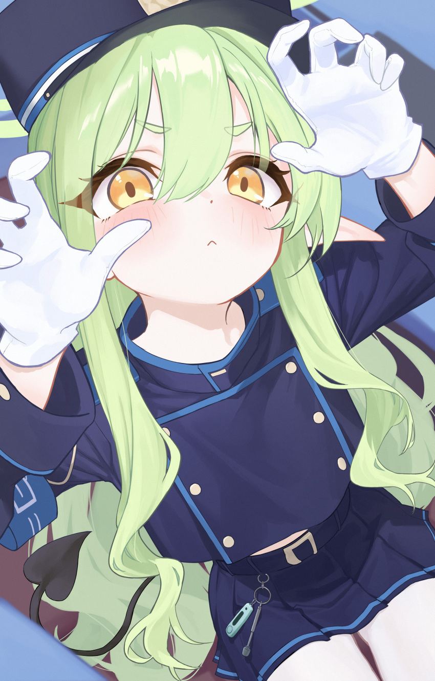 1girl absurdres armband arms_up blue_archive blue_armband blue_jacket blue_skirt blush buttons claw_pose commentary double-breasted gloves green_hair halo hat highres hikari_(blue_archive) jacket looking_at_viewer pantyhose peaked_cap pleated_skirt pointy_ears shou_xun_bu_liang skirt solo white_gloves white_pantyhose yellow_eyes