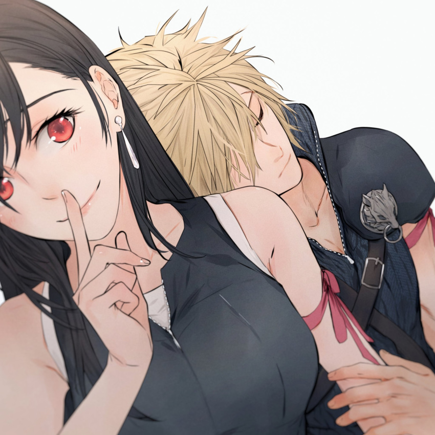 1boy 1girl arm_ribbon bare_shoulders black_hair black_vest blonde_hair breasts closed_eyes closed_mouth cloud_strife collarbone commentary couple earrings english_commentary final_fantasy final_fantasy_vii final_fantasy_vii_advent_children finger_to_mouth hair_behind_ear hand_on_another's_arm head_on_another's_shoulder highres holding_another's_arm index_finger_raised jewelry large_breasts light_blush long_hair looking_at_viewer maiii_(smaii_i) pink_lips popped_collar red_eyes red_ribbon ribbed_shirt ribbon shirt short_hair shushing simple_background single_earring single_shoulder_pad sleeping sleeveless sleeveless_shirt smile spiky_hair tank_top teardrop_earrings tifa_lockhart upper_body vest white_tank_top zipper