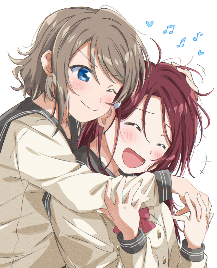 2girls absurdres blue_eyes blush bow bowtie closed_eyes closed_mouth commentary_request furrowed_brow grey_hair grey_sailor_collar hand_on_another's_head heart highres hug hug_from_behind long_hair long_sleeves love_live! love_live!_sunshine!! multiple_girls musical_note one_eye_closed open_mouth red_bow red_bowtie redhead sailor_collar sakurauchi_riko school_uniform shirt short_hair sidelocks sleeve_cuffs upper_body uranohoshi_school_uniform v-shaped_eyebrows watanabe_you white_background white_shirt winter_uniform yuchi_(salmon-1000) yuri