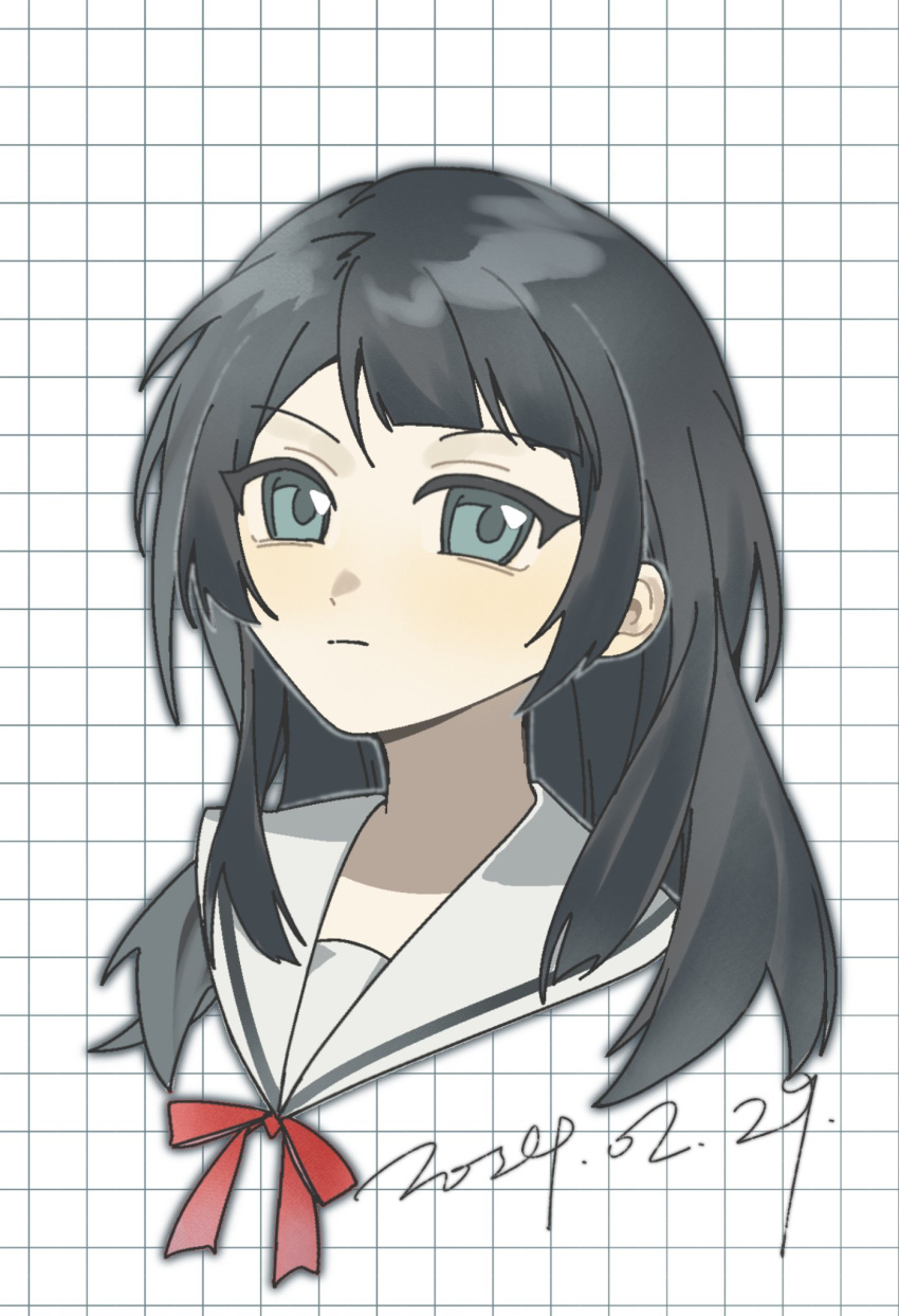 1girl bang_dream! bang_dream!_it's_mygo!!!!! black_hair blue_eyes closed_mouth commentary cropped_torso dated expressionless grid_background hashtag-only_commentary highres long_hair looking_at_viewer neck_ribbon red_ribbon ribbon sailor_collar solo upper_body white_sailor_collar yahata_umiri zhao_yifei