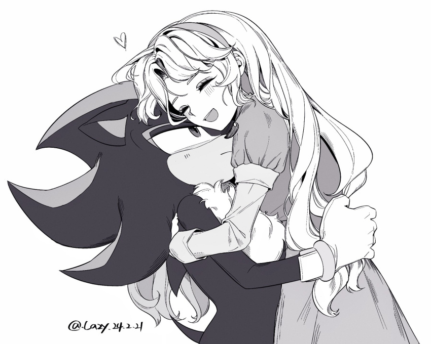 1boy 1girl animal_ears animal_nose artist_name blush body_fur bracelet closed_eyes closed_mouth dated dress furry furry_male gloves greyscale hairband half-closed_eyes heart hedgehog hedgehog_ears hedgehog_tail highres hug jewelry layered_sleeves lazy_kun long_hair long_sleeves looking_at_another looking_up maria_robotnik monochrome open_mouth puffy_short_sleeves puffy_sleeves shadow_the_hedgehog shirt short_over_long_sleeves short_sleeves simple_background smile sonic_(series) sonic_adventure_2 standing tail teeth tongue two-tone_fur
