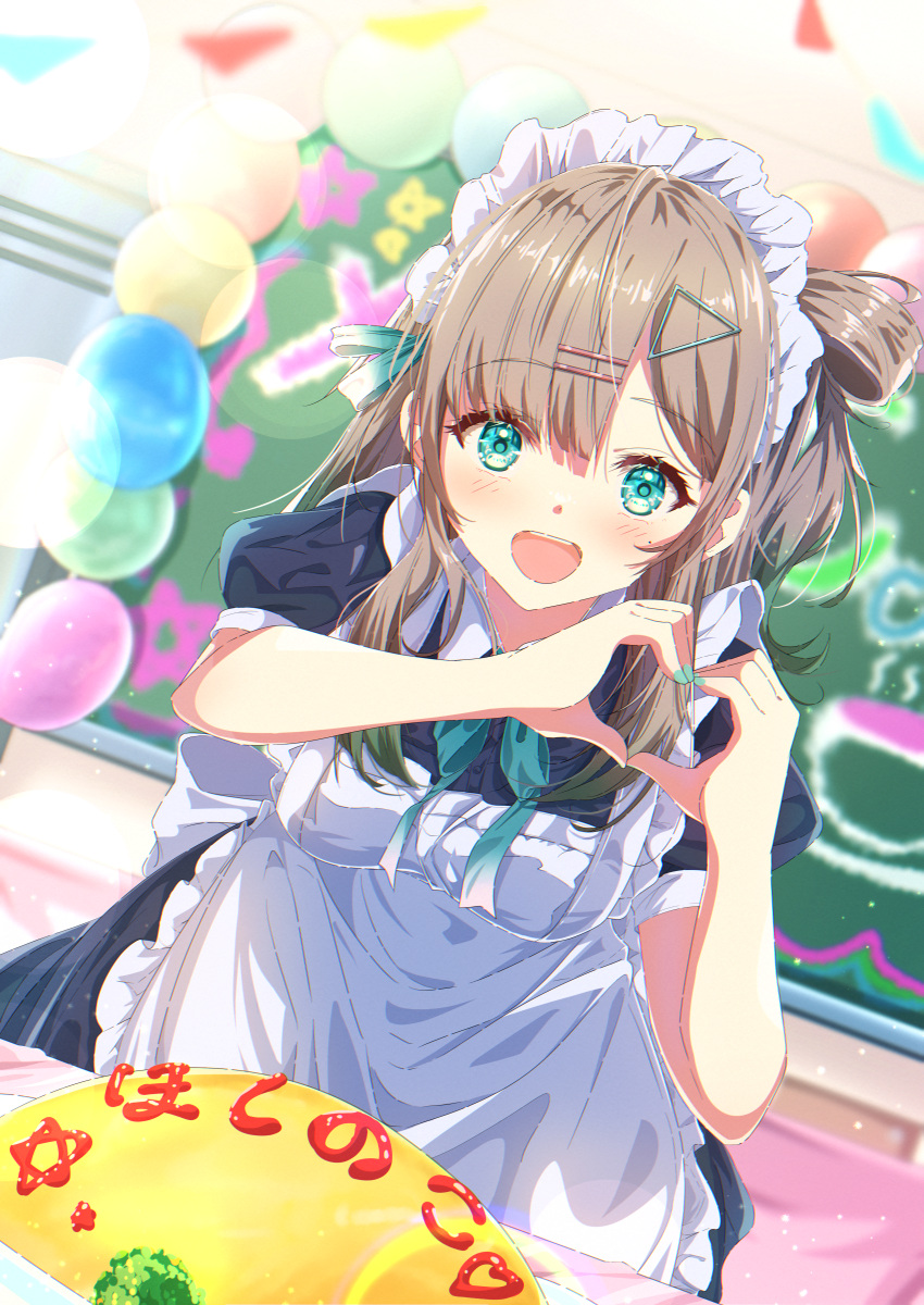 1girl absurdres alternate_costume balloon blue_eyes blurry blurry_background blush brown_hair commentary_request commission enmaided fingernails food hair_between_eyes hair_ornament hairclip heart heart_hands highres hoshino_miyako_(vtuber) indie_virtual_youtuber juri-arima looking_at_viewer maid moe_moe_kyun! omelet omurice open_mouth skeb_commission solo virtual_youtuber