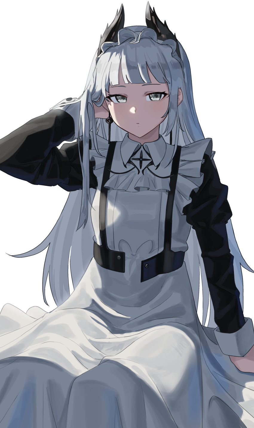 1girl :| absurdres apron arknights arm_at_side bird_girl black_shirt closed_mouth earrings expressionless feet_out_of_frame grey_eyes grey_hair hand_in_own_hair head_wings highres irene_(arknights) irene_(voyage_of_feathers)_(arknights) jewelry juliet_sleeves long_hair long_sleeves looking_at_viewer natoriusu_sansei puffy_sleeves shirt short_bangs sidelocks simple_background sitting solo straight_hair suspenders white_apron white_background wings