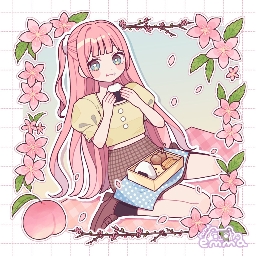 1girl :t arms_up artist_name bento black_socks blue_eyes blush bright_pupils brown_sky closed_mouth eating emma_(kumaema) floral_border flower food highres holding holding_food loaf looking_at_viewer meatball omelet onigiri original outline picnic_blanket pink_hair plaid plaid_skirt puffy_short_sleeves puffy_sleeves shirt short_hair short_sleeves sitting skirt socks solo tamagoyaki v wariza white_outline yellow_shirt
