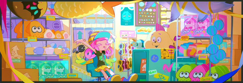 1girl absurdres arms_up baseball_cap black_shirt blue_footwear blue_hair box bracelet closed_eyes colored_eyelashes commentary cup drooling gradient_hair green_hair hair_tie harmony's_clownfish_(splatoon) harmony_(splatoon) hat highres jewelry jiuniaoshan long_hair mask mouth_drool mug multicolored_hair on_chair open_mouth pink_hair pleated_skirt poster_(object) print_shirt shelf shirt shop short_sleeves sitting skirt solo splatoon_(series) splatoon_3 sticker striped_clothes striped_headwear stuffed_squid stuffed_toy symbol-only_commentary tentacle_hair toy unworn_mask wide_shot yellow_skirt