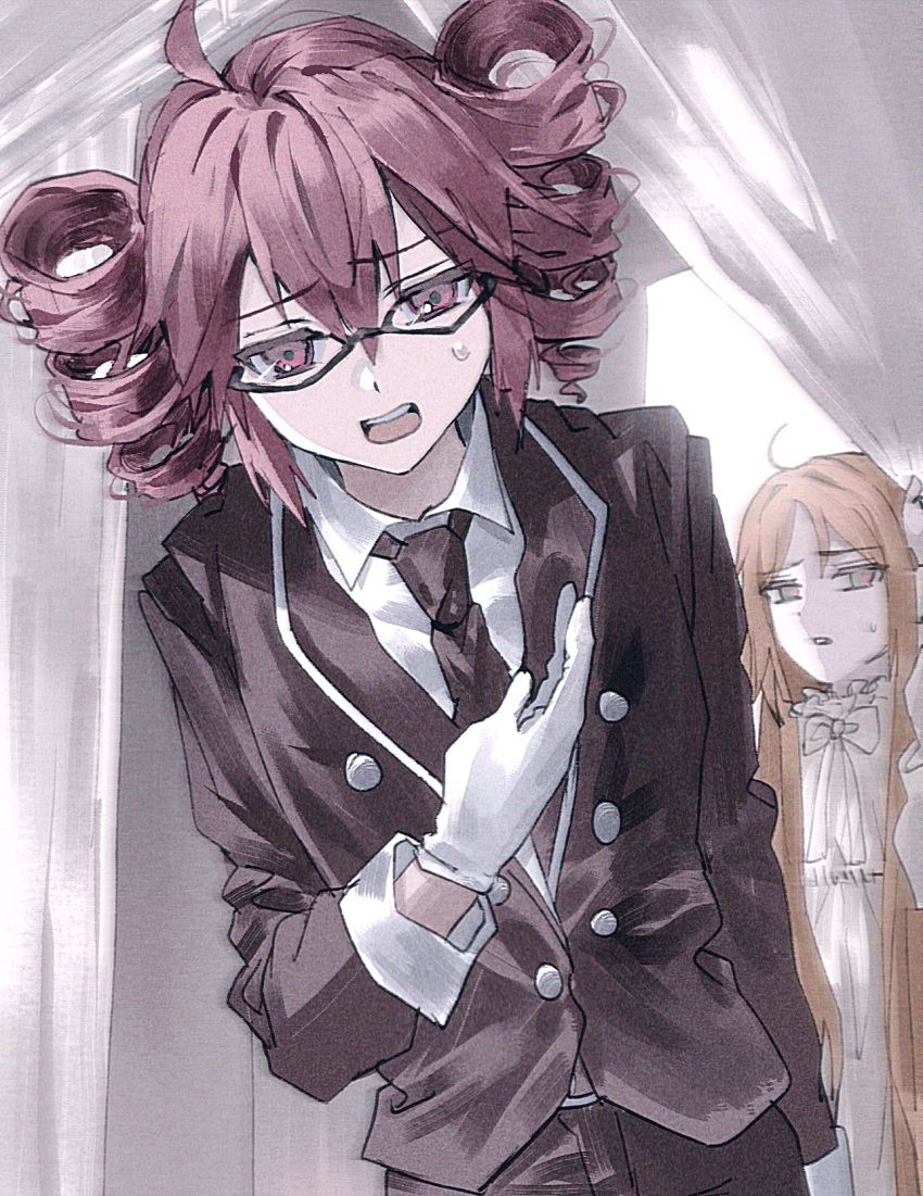 1boy 1girl ahoge alternate_costume bespectacled black_jacket black_necktie black_pants butler buttons commentary_request cowboy_shot crossdressing curtains dress drill_hair female_butler frown furrowed_brow glasses gloves hand_on_own_chest hand_up highres jacket kasane_teto lapels leaning_forward long_hair looking_at_viewer namine_ritsu necktie open_mouth otoko_no_ko pants parted_lips red_eyes redhead santa_(ssanpanty) shirt short_hair sidelocks sleeve_cuffs small_sweatdrop standing twin_drills utau white_dress white_gloves white_shirt worried
