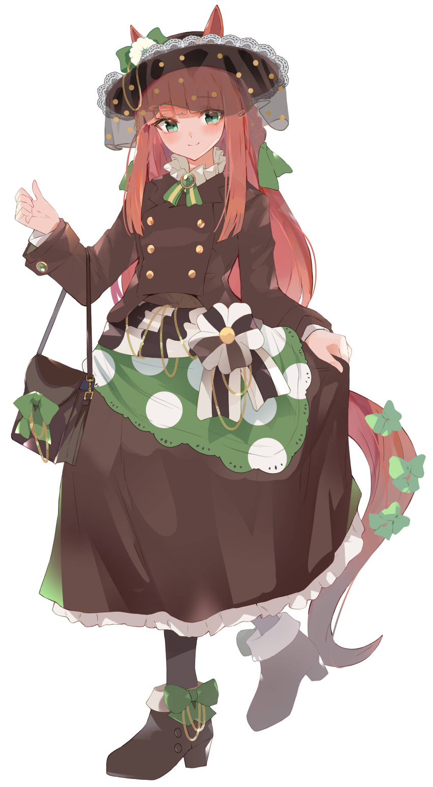 1girl absurdres alternate_costume animal_ears bana_(stand_flower) black_footwear black_hat black_jacket blunt_bangs blush bow buttons double-breasted ear_bow full_body green_bow green_eyes hat highres hime_cut horse_ears horse_girl horse_tail jacket long_hair looking_at_viewer orange_hair silence_suzuka_(umamusume) simple_background solo tail umamusume white_background