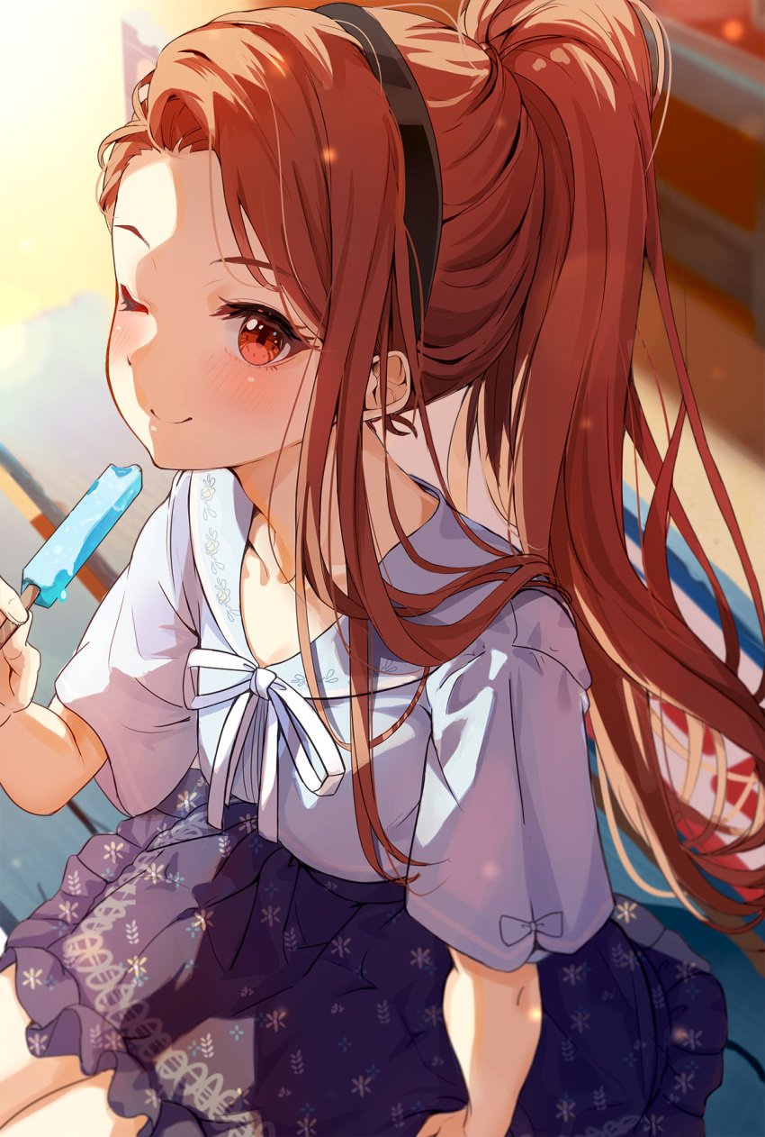 1girl asymmetrical_bangs black_hairband blue_shirt blue_skirt blush breasts brown_hair collarbone collared_shirt cowboy_shot dot_nose eyelashes food forehead frilled_skirt frills from_above hair_over_shoulder hairband highres holding holding_food holding_popsicle idolmaster idolmaster_(classic) idolmaster_million_live! idolmaster_million_live!_theater_days light_smile long_hair looking_at_viewer minase_iori nira_(vira) official_alternate_costume official_alternate_hairstyle on_bench one_eye_closed ponytail popsicle red_eyes shirt short_sleeves single_sidelock sitting skirt small_breasts solo swept_bangs very_long_hair