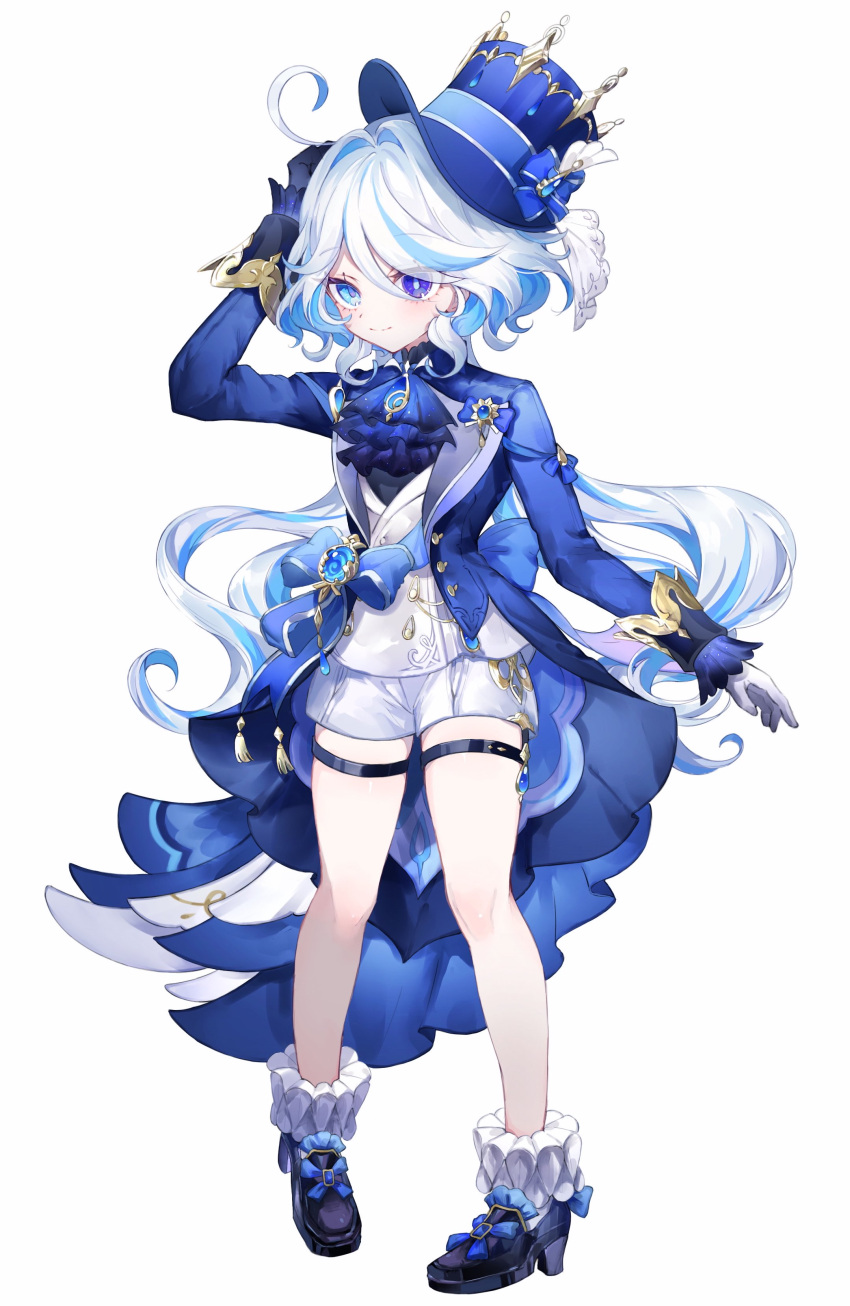1girl absurdres ascot asymmetrical_gloves black_footwear blue_ascot blue_brooch blue_gemstone blue_hair blue_hat blue_jacket closed_mouth colored_inner_hair cowlick drop-shaped_pupils full_body furina_(genshin_impact) gem genshin_impact gloves hand_in_own_hair hand_up hat heterochromia highres jacket kodona light_blue_hair lolita_fashion long_hair looking_at_viewer mismatched_gloves mismatched_pupils multicolored_hair short_shorts shorts sikaku simple_background smile socks solo streaked_hair symbol-shaped_pupils tailcoat thigh_strap top_hat vest wavy_hair white_background white_hair white_shorts white_socks white_vest