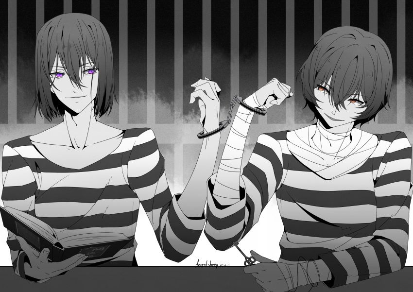 2boys absurdres bandaged_arm bandages book bungou_stray_dogs collarbone cuffs dazai_osamu_(bungou_stray_dogs) fyodor_dostoyevsky_(bungou_stray_dogs) handcuffs highres key lin_yan_(lof) monochrome multiple_boys prison_cell prison_clothes short_hair striped_clothes upper_body violet_eyes