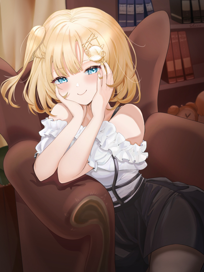 1girl absurdres alarm_clock artist_name bare_shoulders black_pantyhose black_skirt blonde_hair blue_eyes blunt_bangs blush book bookshelf chair clock closed_mouth commentary couch frilled_shirt frills hair_ornament hairclip half-closed_eyes hands_on_own_cheeks hands_on_own_face head_rest high-waist_skirt highres hololive hololive_english indoors jewelry looking_at_viewer necklace off_shoulder official_alternate_costume official_alternate_hairstyle one_side_up pantyhose shirt short_hair shunnukiki signature sitting skirt smile solo suspender_skirt suspenders virtual_youtuber watson_amelia watson_amelia_(street_casual) white_shirt zipper_skirt