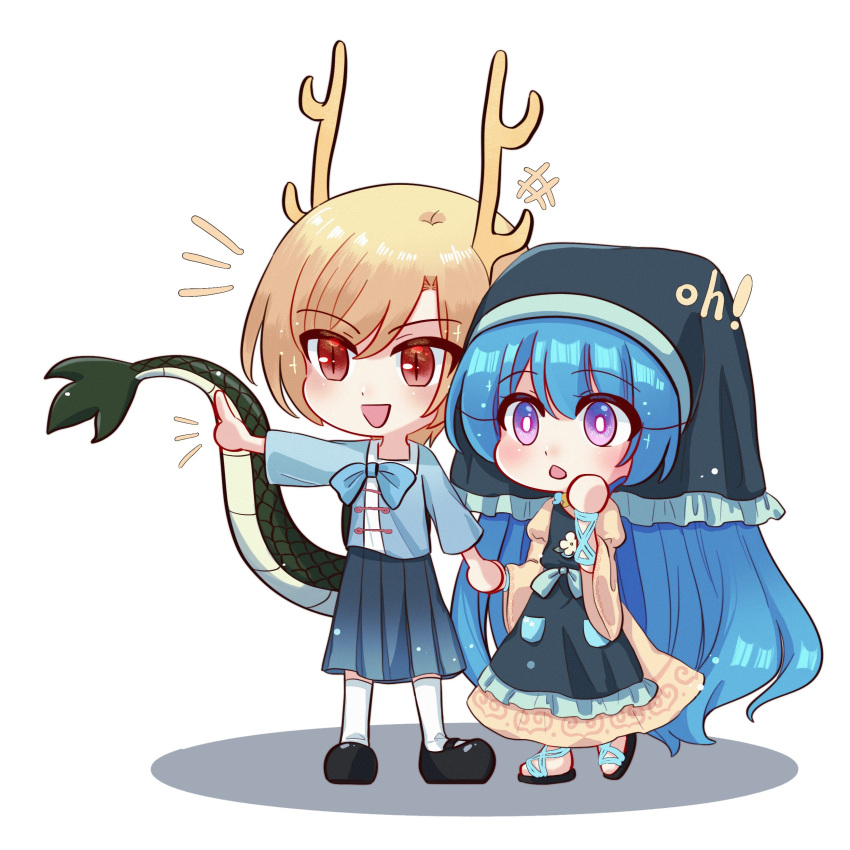 2girls absurdres antlers aqua_apron black_footwear blonde_hair blue_bow blue_hair blue_shirt blue_skirt bow bright_pupils chibi chinese_commentary commentary_request dragon_tail dress film_grain frilled_headwear haniyasushin_keiki head_scarf highres horns juliet_sleeves kicchou_yachie long_hair long_sleeves mary_janes mask_(boring_mask) medium_skirt multiple_girls open_mouth pleated_skirt pointing puffy_sleeves shirt shoes short_hair skirt sleeves_past_elbows smile socks swept_bangs tail touhou violet_eyes white_pupils white_socks wide_sleeves yellow_dress