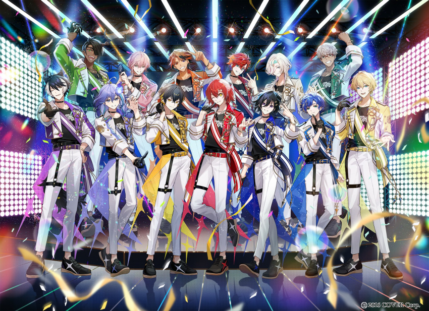 6+boys :d ;d adjusting_clothes adjusting_gloves alternate_costume animal_ears antenna_hair aqua_eyes aqua_hair aragami_oga arm_up arurandeisu astel_leda beckoning belt belt_buckle black_choker black_footwear black_gloves black_hair black_shirt blonde_hair blue_belt blue_eyes blue_hair blue_jacket blurry bracelet buckle chain choker claw_pose clenched_hand closed_mouth collarbone colored_inner_hair confetti copyright_notice cropped_jacket crossed_bangs curtained_hair dark-skinned_male dark_skin demon_horns depth_of_field earrings everyone eyepatch finger_to_mouth flower full_body glasses gloves gold_trim green_belt green_eyes green_jacket grey_eyes grey_hair grin hair_between_eyes hair_flower hair_ornament hair_over_one_eye hairclip half_gloves half_updo hanasaki_miyabi hand_on_own_hip hand_up heterochromia highres hinatsu hitodama hizaki_gamma holostars horns idol index_finger_raised jackal_boy jackal_ears jackal_tail jacket jewelry kageyama_shien kanade_izuru kishido_temma lapel_pin lapels light_particles lightning_bolt_hair_ornament lightning_bolt_symbol long_hair long_sleeves looking_at_viewer low-tied_long_hair male_focus medium_hair minase_rio mole mole_under_eye multicolored_clothes multicolored_hair multicolored_jacket multiple_boys necklace notched_lapels official_art one_eye_closed open_clothes open_jacket open_mouth orange_belt orange_eyes orange_hair orange_jacket oxfords pants parted_lips pink_hair pink_jacket print_shirt purple_belt purple_hair purple_jacket red-framed_eyewear red_belt red_jacket redhead reflective_floor rikka_(holostars) sash sharp_teeth shirt shirt_tucked_in short_hair shoulder_sash single_earring single_glove single_horn sleeve_cuffs smile sparkle_print stage stage_lights standing streaked_hair streamers t-shirt tail tan teeth thigh_strap truss two-tone_hair two-tone_jacket uniform utsugi_uyu v v-shaped_eyebrows violet_eyes virtual_youtuber w waist_cape white_hair white_jacket white_pants yatogami_fuma yellow_belt yellow_eyes yellow_jacket yukoku_roberu