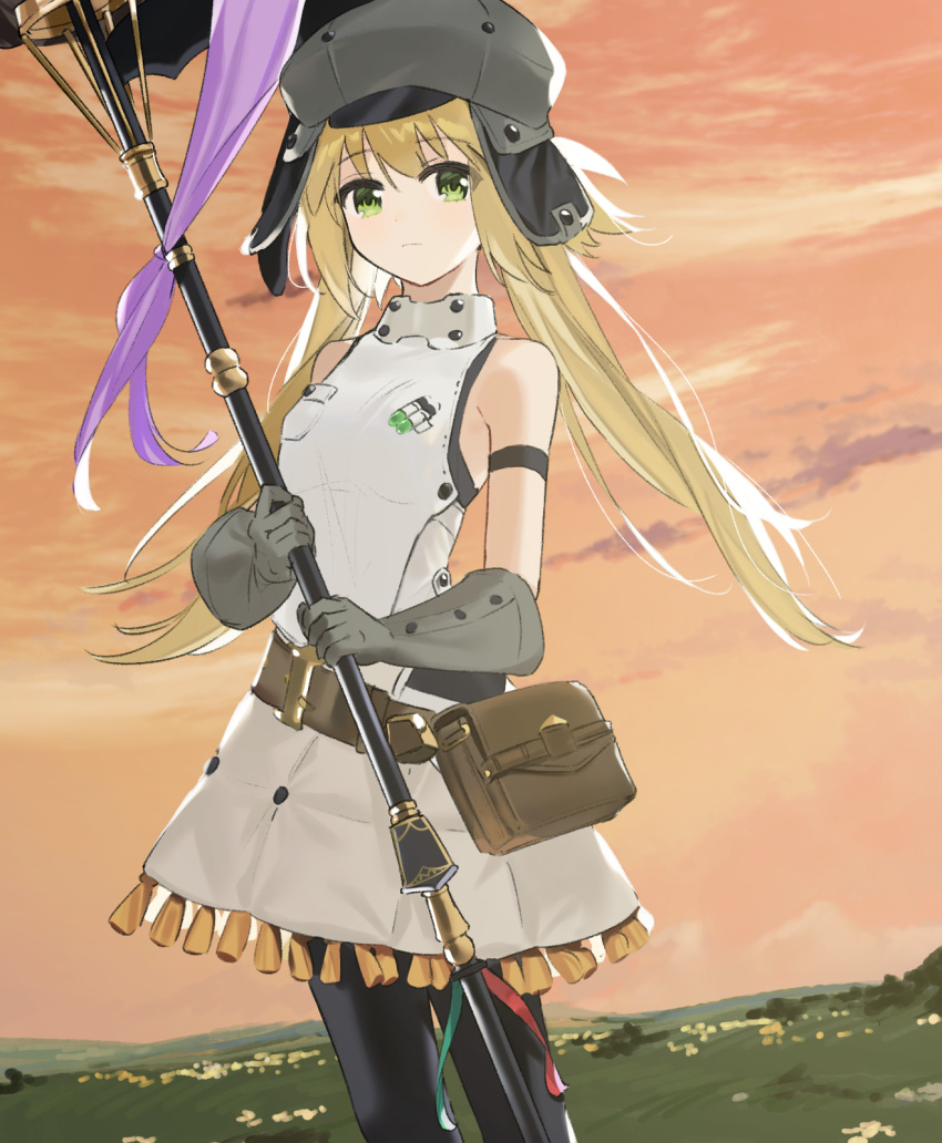 1girl artoria_caster_(fate) artoria_caster_(first_ascension)_(fate) artoria_pendragon_(fate) bare_shoulders black_pantyhose blonde_hair breasts brown_bag cabbie_hat commentary cowboy_shot dress expressionless fate/grand_order fate_(series) gloves green_eyes grey_gloves grey_hat hat highres holding holding_staff long_hair looking_at_viewer mage_staff outdoors pantyhose rizu033 sky sleeveless sleeveless_dress small_breasts solo staff standing twintails white_dress yellow_sky