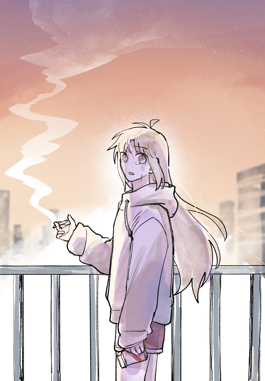 1girl ahoge blonde_hair bocchi_the_rock! building cigarette cigarette_pack commentary cowboy_shot crying crying_with_eyes_open english_commentary hair_down highres holding holding_cigarette holding_cigarette_pack hood hoodie ijichi_nijika long_hair long_sleeves looking_at_viewer outdoors parted_lips railing red_eyes red_shorts shorts smoking solo sunset tears white_hoodie yogurt_pt