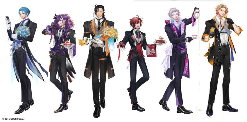 6+boys :d ahoge alternate_costume aqua_eyes argyle_clothes ascot axel_syrios banzoin_hakka beard_stubble belt black_coat black_gloves black_hair black_jacket black_necktie black_pants black_ribbon black_skin black_socks black_suit blonde_hair blue_bow blue_eyes blue_flower blue_hair blue_necktie blue_rose blueberry bouquet bow box braid brooch butler cake cake_slice candy carrying_over_shoulder chain cheesecake chest_harness chocolate chocolate_bar closed_mouth coat colored_extremities colored_skin copyright_notice creature creature_on_shoulder cross-laced_footwear cup curtained_hair dangle_earrings decantering earrings eyeshadow facial_hair failure fake_tail feather_earrings feather_trim feathers flipped_hair floral_print flower food fruit full_body garnish gavis_bettel gift gift_box gloves gradient_ribbon green_eyes grey_ascot grey_hair grey_vest hair_between_eyes hair_over_shoulder hair_slicked_back harness heterochromia highres holding holding_bouquet holding_flower holding_food holding_gift holding_plate holding_saucer holding_teapot holostars holostars_english holotempus jacket jewelry josuiji_shinri lapel_pin lapels light_blush lily_print long_hair long_sleeves looking_at_viewer low_ponytail machina_x_flayon makeup male_focus medium_hair mismatched_earrings monocle multicolored_hair multicolored_skin multiple_boys neck_ribbon necktie notched_lapels official_art on_shoulder open_clothes open_coat open_collar open_jacket orange_bow orange_coat orange_jacket oxfords pants parted_bangs parted_lips phantom_(gavis_bettel) pink_belt pink_coat pink_eyes pink_eyeshadow pink_hair pinstripe_pattern pinstripe_vest plate pleated_pants purple_flower purple_hair purple_ribbon purple_rose purple_sash purple_vest red_eyes red_flower red_ribbon red_rose red_vest redhead regis_altare ribbon rose sash saucer scarf see-through shoes short_hair side_braid simple_background single_braid single_glove sleeves_rolled_up smile socks spilling standing strawberry streaked_hair striped_clothes striped_vest stubble suit tail tailcoat tassel tassel_earrings teacup teapot thigh_strap towel tuxedo_shirt two-sided_fabric two-sided_jacket two-tone_eyes two-tone_hair undone_ascot vertical-striped_clothes vertical-striped_vest vest virtual_youtuber white_background white_belt white_flower white_gloves white_hair white_scarf wrist_belt xiayou1104 yellow_flower yellow_rose you're_doing_it_wrong