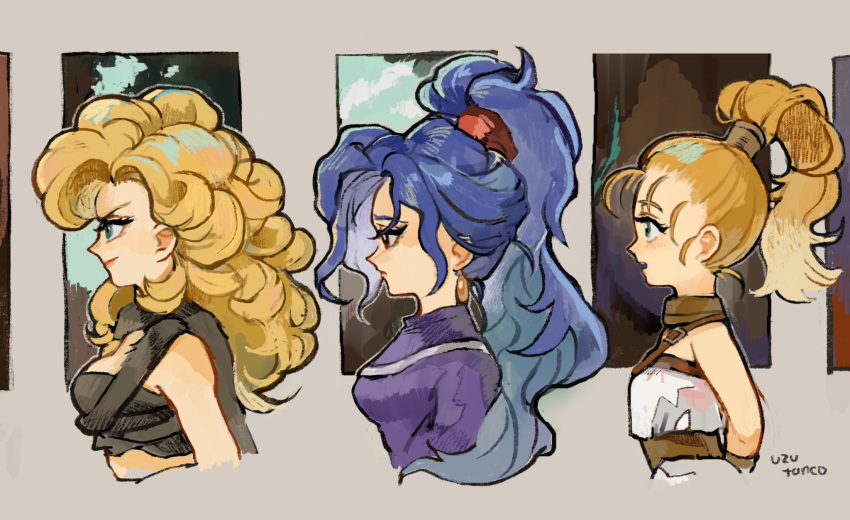 3girls artist_name ayla_(chrono_trigger) blonde_hair blue_hair chrono_trigger closed_mouth commentary_request cropped_torso eyelashes grey_background high_ponytail highres long_hair marle_(chrono_trigger) multiple_girls open_mouth schala_zeal simple_background twitter_username upper_body uzutanco