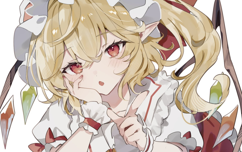 1girl blonde_hair crystal_wings flandre_scarlet frills hand_on_own_cheek hand_on_own_face highres index_finger_raised open_mouth pointy_ears red_eyes side_ponytail simple_background solo sorani_(kaeru0768) touhou white_background wrist_cuffs