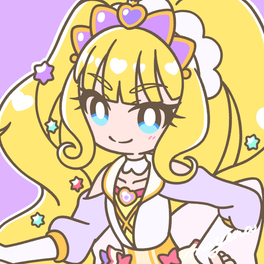 1girl blonde_hair blue_eyes bow bright_pupils choker closed_mouth cure_finale delicious_party_precure detached_sleeves gloves hair_ornament hat_ornament highres jewelry kasai_amane long_hair long_sleeves looking_at_viewer mayena outline precure purple_background purple_headwear purple_sleeves smile solo star_(symbol) star_hat_ornament tiara upper_body very_long_hair white_bow white_choker white_gloves white_outline white_pupils