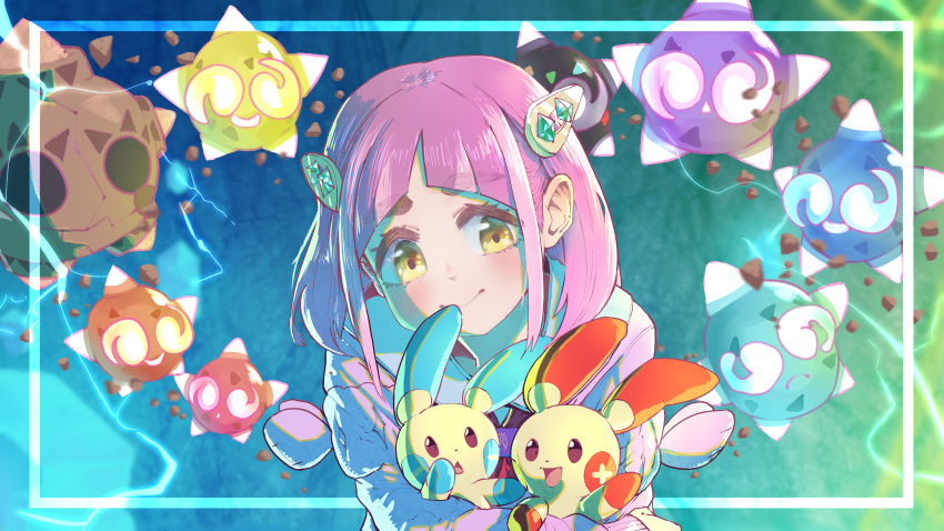 02milos02 1girl absurdres arched_bangs blush cardigan closed_mouth collared_shirt eyelashes hair_ornament hairclip highres holding holding_pokemon lacey_(pokemon) long_sleeves minior minun mixed-language_commentary pink_cardigan pink_hair plusle pokemon pokemon_(creature) pokemon_sv shirt smile white_shirt yellow_eyes